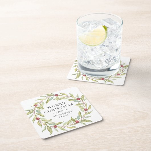 ベパーソナライズされたリー葉リースクリスマス スクエアペーパーコースター (インサイチュ)