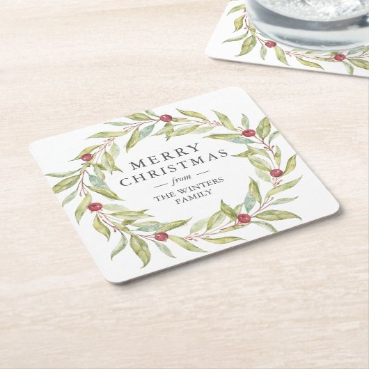 ベパーソナライズされたリー葉リースクリスマス スクエアペーパーコースター (アングル)