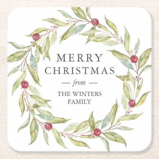 ベパーソナライズされたリー葉リースクリスマス スクエアペーパーコースター (正面)