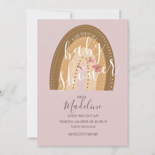 ベビシャワレインボーチョウチョウボヘミアンピンク 招待状 (正面)