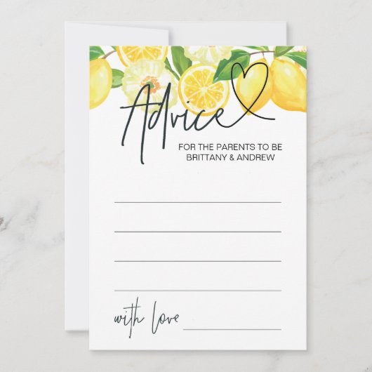 ベビシャワーアドバイスカードベビシャワーゲームレモン 招待状 (正面)