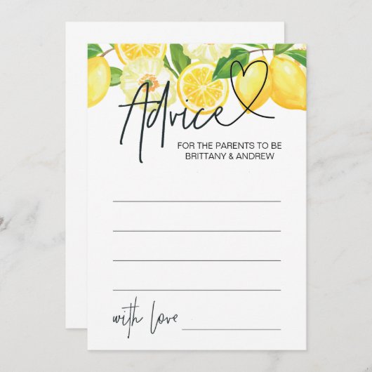 ベビシャワーアドバイスカードベビシャワーゲームレモン 招待状 (正面/裏面)