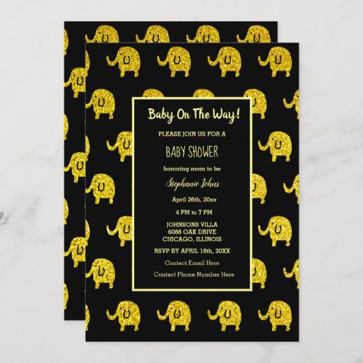 ベビシャワーエレファント動物金ゴールドグリッターブラック 招待状 (正面/裏面)