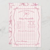 ベビシャワーカード用ピンクコケット弓アドバイス 招待状 (正面/裏面)