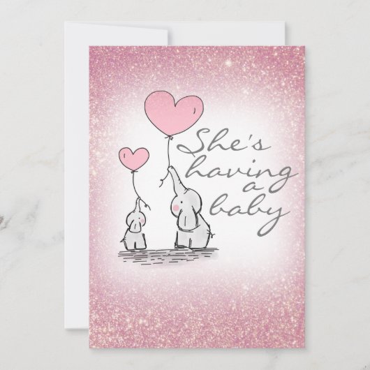 ベビシャワーガールピンクグリッターゾウ 招待状 (正面)
