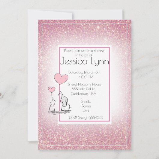 ベビシャワーガールピンクグリッターゾウ 招待状 (裏面)