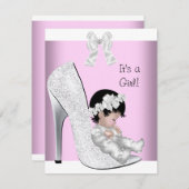 ベビシャワーガールピンクシルバーホワイトグリッター靴 招待状 (正面/裏面)