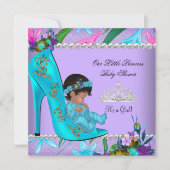 ベビシャワーガールピンクティール（緑がかった色）ブルーパープルシューズ 招待状 (正面)