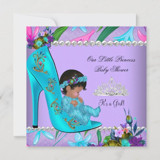 ベビシャワーガールピンクティール(緑がかった色)ブルーパープルシューズ 招待状 (正面)