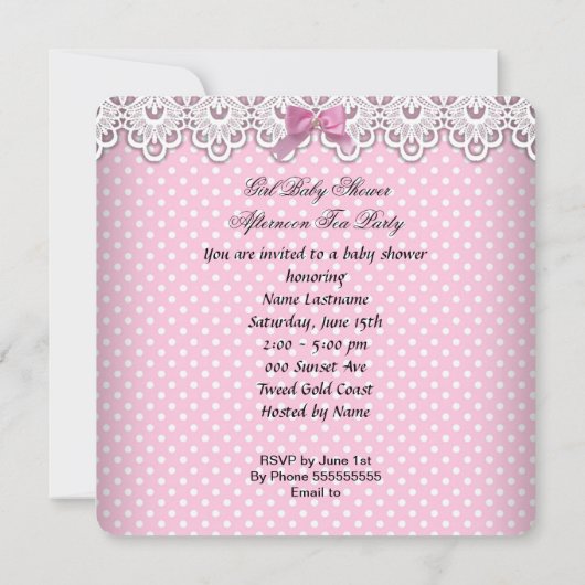 ベビシャワーガールピンクベビーティーカップケーキ2a 招待状 (裏面)