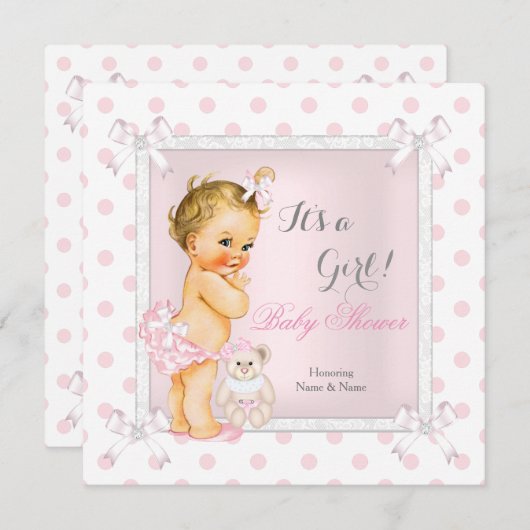 ベビシャワーガールピンク玩具水玉模様ブロンド 招待状 (正面/裏面)