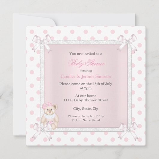 ベビシャワーガールピンク玩具水玉模様ブロンド 招待状 (裏面)