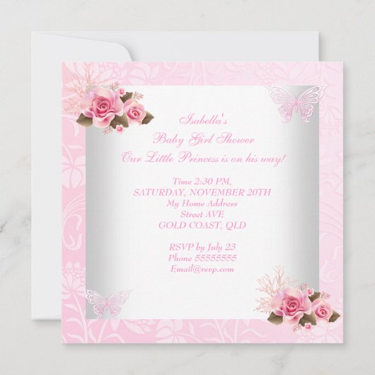 ベビシャワーガールプリンセスバタフライシューピンクローズ 招待状 (裏面)