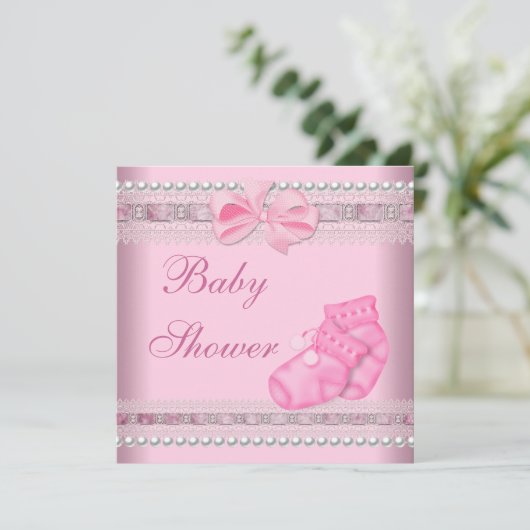ベビシャワーガールベビーピンクブーティパールレース 招待状 (スタンド正面)