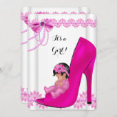 ベビシャワーガールホットピンクベビーシューレース2 招待状 (正面/裏面)