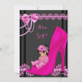 ベビシャワーガールホットピンクベビーシューレース3 招待状 (正面)