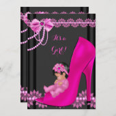 ベビシャワーガールホットピンクベビーシューレース3 招待状 (正面/裏面)