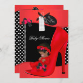 ベビシャワーガールレッドベビーシューズ水玉模様2B 招待状 (正面/裏面)