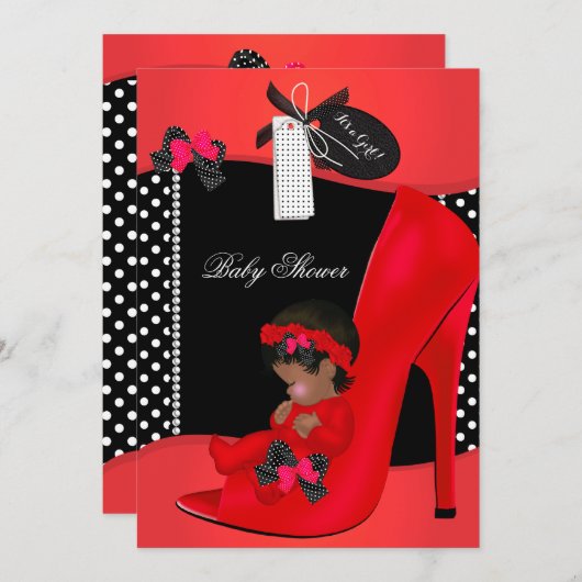 ベビシャワーガールレッドベビーシューズ水玉模様2B 招待状 (正面/裏面)