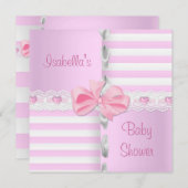 ベビシャワーサテかわいらしンピンクホワイトストライプバウ 招待状 (正面/裏面)