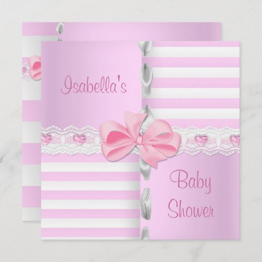ベビシャワーサテかわいらしンピンクホワイトストライプバウ 招待状 (正面/裏面)