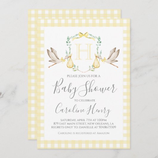 ベビシャワージンガ名門私立校風のムストークニュートラルイエロー 招待状 (正面/裏面)