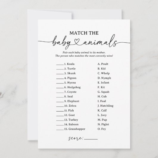 ベビシャワースクリプトベビー動物マッチングベビーゲーム 招待状 (正面)
