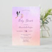 ベビシャワーストークガールピンクパープルバラ金ゴールド 招待状 (スタンド正面)