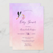 ベビシャワーストークガールピンクパープルバラ金ゴールド 招待状 (正面/裏面)