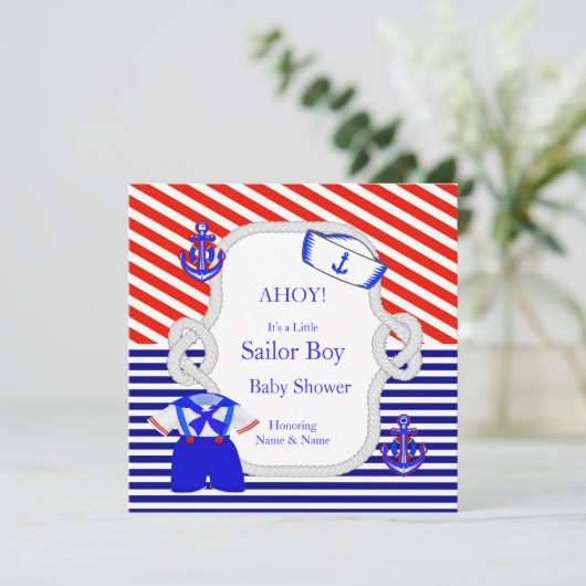 ベビシャワーセーラースーツ男の子王室の赤ストライプ青 招待状 (スタンド正面)