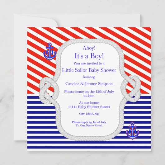 ベビシャワーセーラースーツ男の子王室の赤ストライプ青 招待状 (裏面)