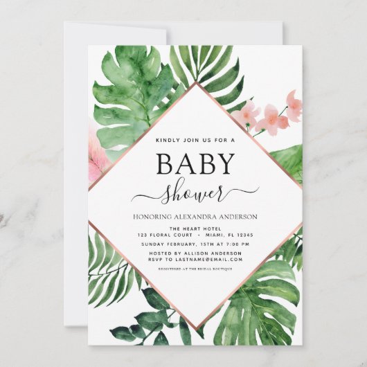 ベビシャワートロピカルパーム水彩幾何学模様 招待状 (正面)