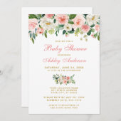 ベビシャワーピンクフローラホワイト金ゴールド招待状GP 招待状 (正面/裏面)