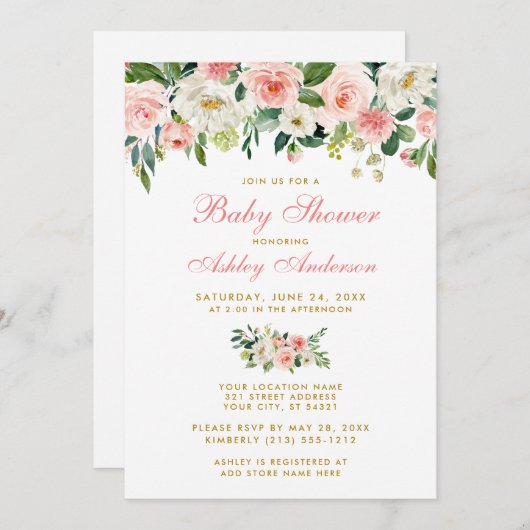 ベビシャワーピンクフローラホワイト金ゴールド招待状GP 招待状 (正面/裏面)