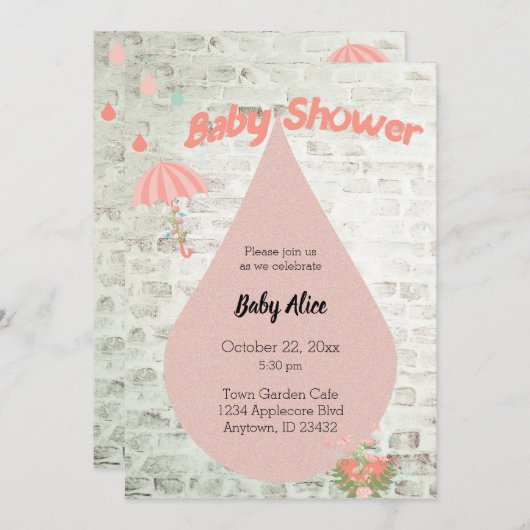 ベビシャワーピンク傘動揺して招待状 招待状 (正面/裏面)