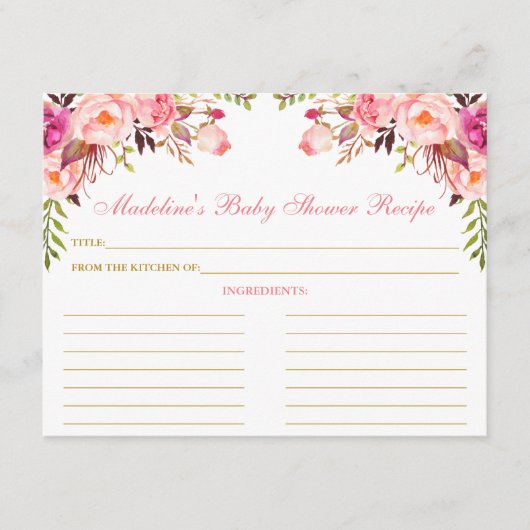 ベビシャワーピンク赤面フローラ金ゴールドレシピカード アドバイスカード (正面)