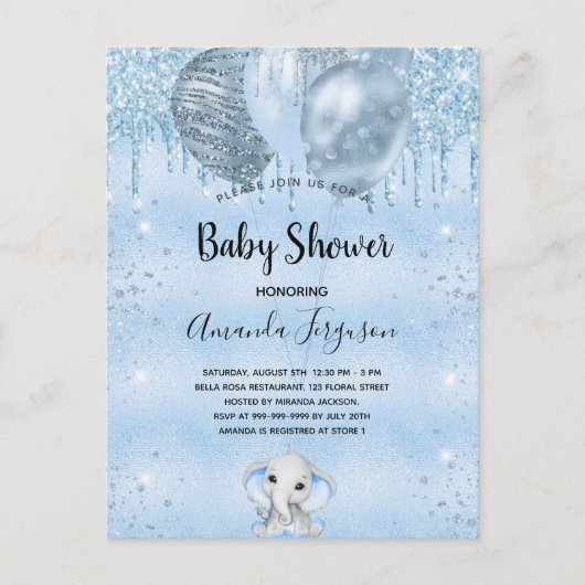 ベビシャワーブルーグリッターゾウの男の子バルーン インビテーションポストカード (正面)
