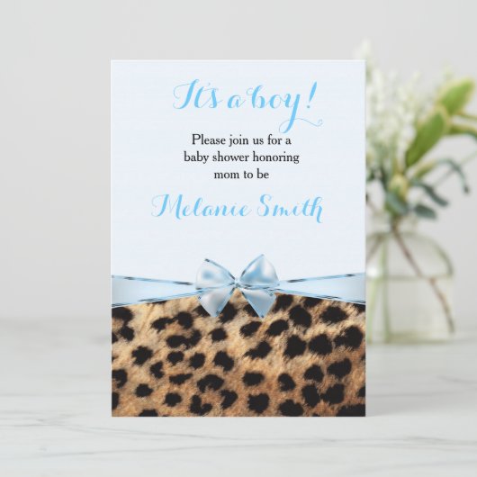 ベビシャワーブルーボウチーターヒョウ少年招待状 招待状 (スタンド正面)