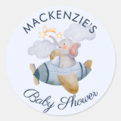 ベビシャワーブルーボーイズエレファント飛行機クラシックRou ラウンドシール (正面)