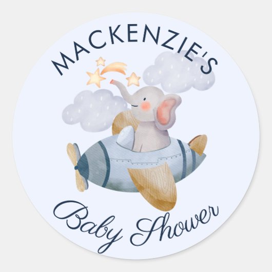 ベビシャワーブルーボーイズエレファント飛行機クラシックRou ラウンドシール (正面)