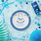 ベビシャワーブルーロッキングホビーホース名前をカスタムする ペーパープレート (パーティー)