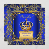 ベビシャワーボーイブルー王室のダマスク金ゴールドクラウン 招待状 (正面/裏面)