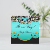 ベビシャワーボーイベビーティール（緑がかった色）ブルーブラックゼブラ 招待状 (スタンド正面)