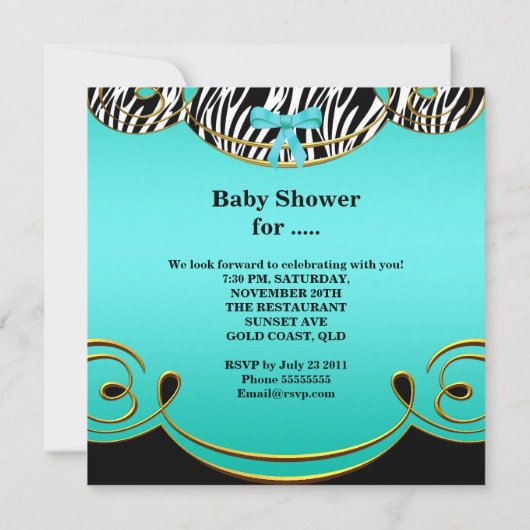 ベビシャワーボーイベビーティール(緑がかった色)ブルーブラックゼブラ 招待状 (裏面)