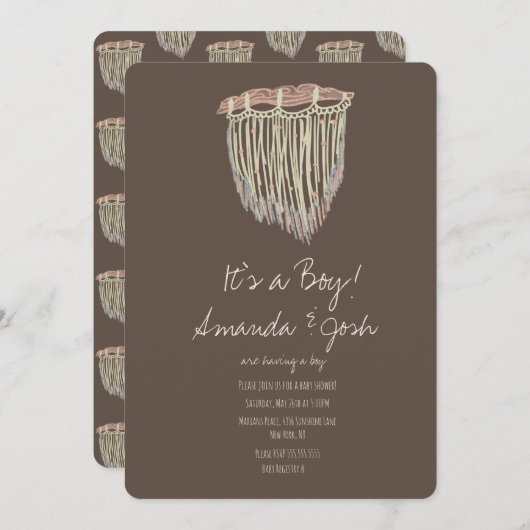 ベビシャワーマクラメぶら下がったズボ素朴ホ 招待状 (正面/裏面)