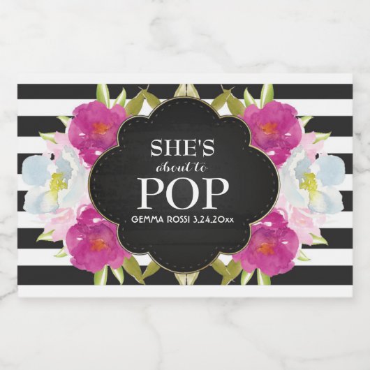 ベビシャワーミニワきらめくインラベルブラックストライプ スパークリングワインラベル (シングルラベル)