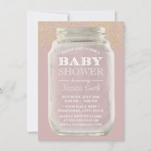 ベビシャワーメイソンジャー金ゴールド紙吹雪ほこりっぽいピンク 招待状 (正面)