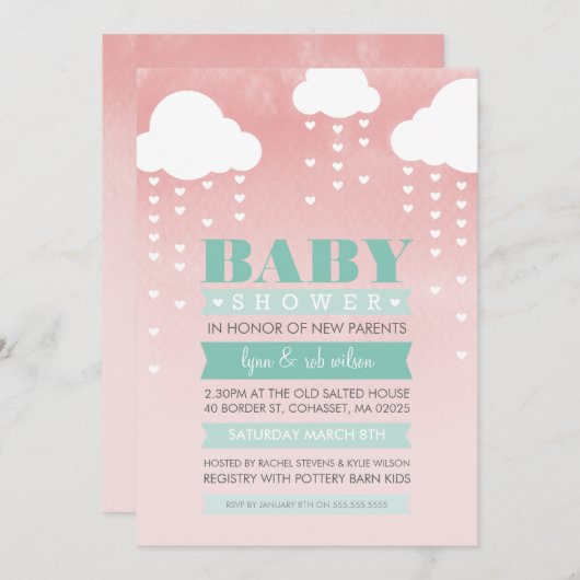 ベビシャワー招待状グラデーションウオーターカラーミントサンゴ 招待状 (正面/裏面)