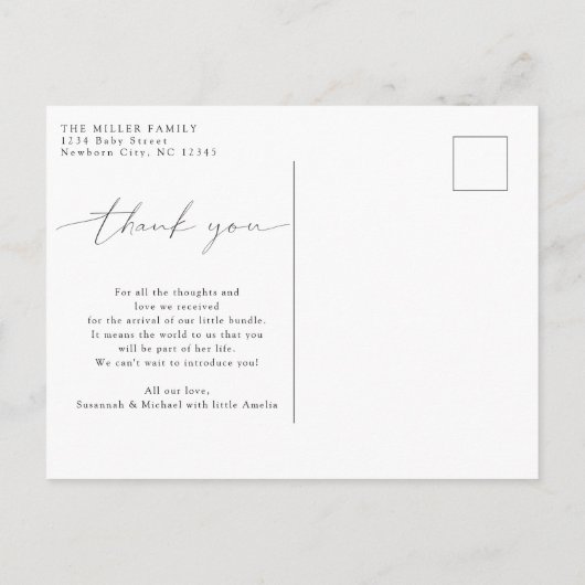 ベビーありがとう書道モダン写真を浴びる 案内ポストカード (裏面)