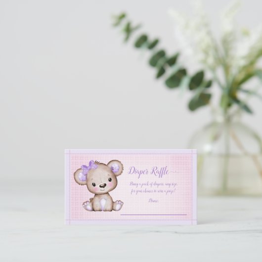 ベビーおむつラッフルキュートパープルベアーガールシャワー エンクロージャーカード (スタンド正面)